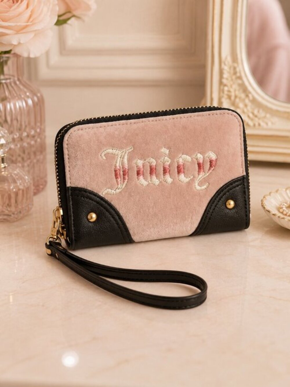 Juicy Couture Pink Black Double Zip Wallet Retro Logo Wristlet NWT